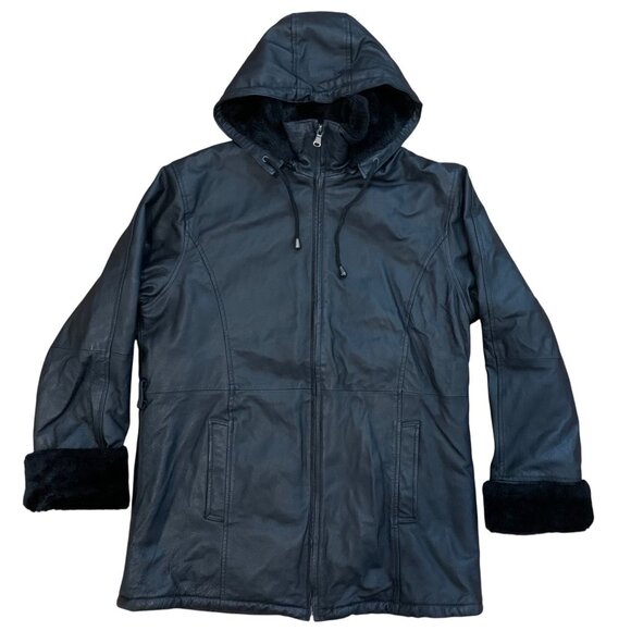 Black Hooded Leather Jacket w/ Faux Fur Lining & Cuffs Womens SZ L *NO BELT* - Picture 1 of 6